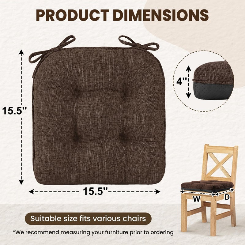 downluxe Indoor Chair Cushions for Dining Chairs, Tufted Overstuffed Textured Foam Kitchen Chair Pads with Ties and Non-Slip Backing, 15.5" x 15.5" x 4", Brown, 4 Pack - Image 2