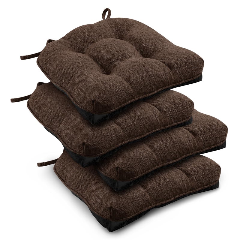 downluxe Indoor Chair Cushions for Dining Chairs, Tufted Overstuffed Textured Foam Kitchen Chair Pads with Ties and Non-Slip Backing, 15.5" x 15.5" x 4", Brown, 4 Pack - Image 1