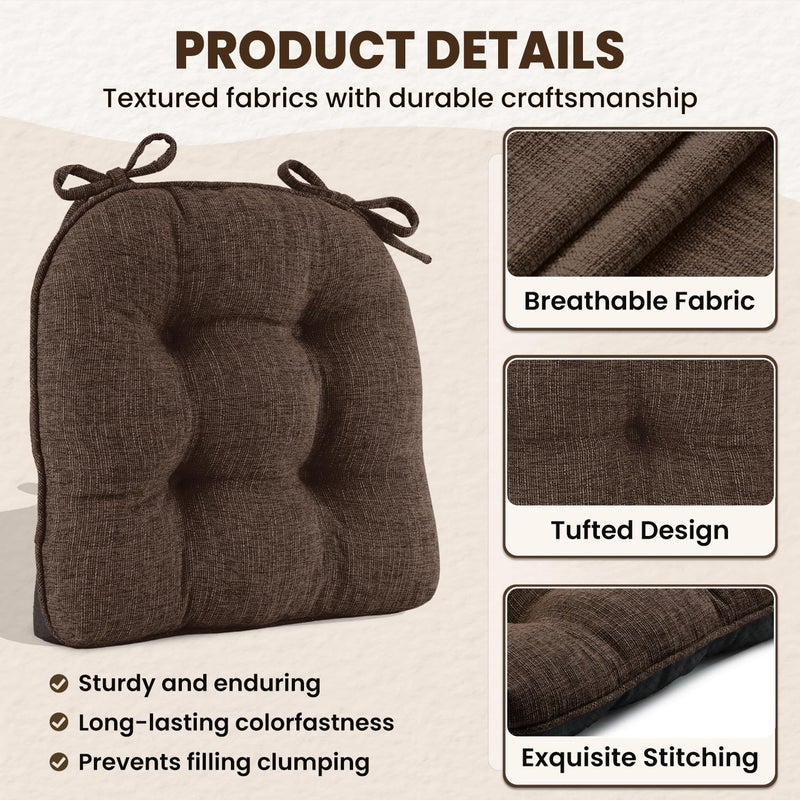 downluxe Indoor Chair Cushions for Dining Chairs, Tufted Overstuffed Textured Foam Kitchen Chair Pads with Ties and Non-Slip Backing, 15.5" x 15.5" x 4", Brown, 4 Pack - Image 5