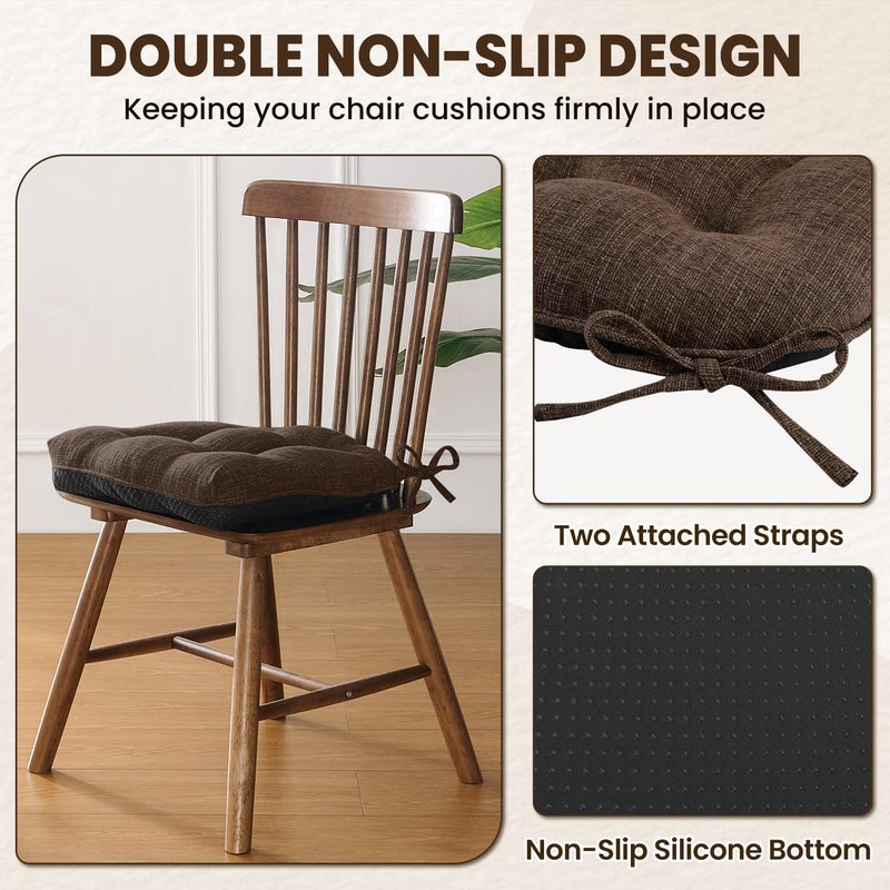 downluxe Indoor Chair Cushions for Dining Chairs, Tufted Overstuffed Textured Foam Kitchen Chair Pads with Ties and Non-Slip Backing, 15.5" x 15.5" x 4", Brown, 4 Pack - Image 4