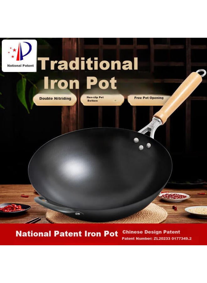 Jitiechui Cast Iron Wok Pan 34cm With Ear And Lid, Handmade Untreated Non-stick Pan - Image 1