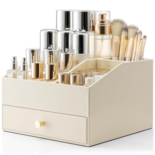 VLANDO Makeup OrganzierVanity Organizer with Drawers PU Leather Skincare Organizer Perfume OrganizerLarge Cosmetic Display Case for LipstickBrushes Gifts for WomenBeige - Image 1
