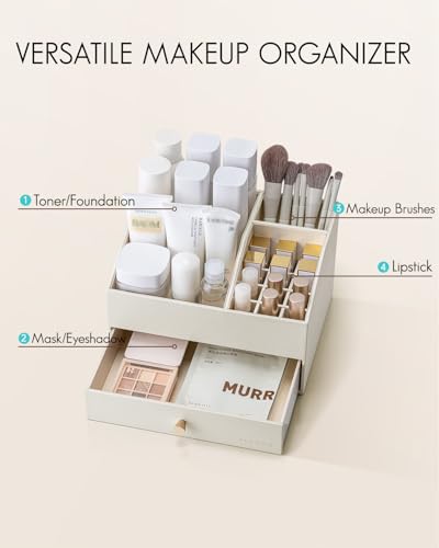 VLANDO Makeup OrganzierVanity Organizer with Drawers PU Leather Skincare Organizer Perfume OrganizerLarge Cosmetic Display Case for LipstickBrushes Gifts for WomenBeige - Image 3