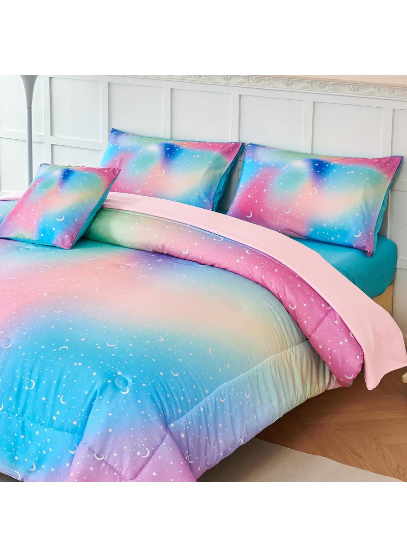URBONUR URBONUR Girls Full Bedding Set 6 Pieces Rainbow Comforter Set Full Size Multicolor Stars Printed Bed in a Bag  Soft & Fluffy Kids Bed Sets  - Image 2