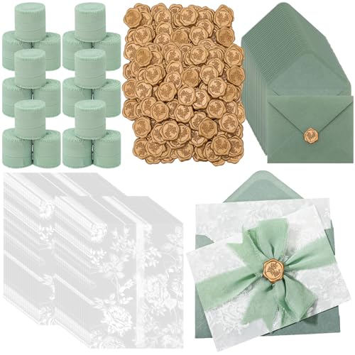 YooNotee 100 Set Wedding Invitation Kit Wedding Vellum Jackets Bulk for 5x7 Sage Green Envelope Liners Gold Wax Seal Stickers Invitation Accessories for Bridal Invite Baby Shower DIY Craft (Rose) - Image 1