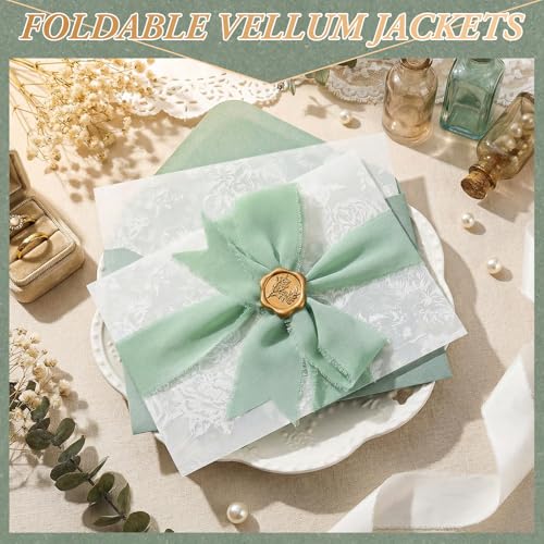 YooNotee 100 Set Wedding Invitation Kit Wedding Vellum Jackets Bulk for 5x7 Sage Green Envelope Liners Gold Wax Seal Stickers Invitation Accessories for Bridal Invite Baby Shower DIY Craft (Rose) - Image 2