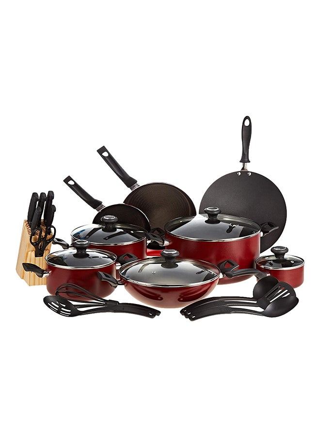 Prestige 25-Piece Aluminium Non-Stick Coating Durable Design Non-Slip Ergonomic Handle Kitchen Cookware Set Includes 1x Cookware (20 cm), 1x Casserole With Glass Lid (24 cm), 1x Casserole With Glass Lid (30 cm), 1x Casserole With Glass Lid (28 cm), 1x Wok With Glass Lid (14 cm), 1x Saucepan With Glass Lid (30 cm), 1x Concave Tawa (20 cm), 1x Fry Pan (26 cm), 4x Fry Pan, 5x Tool Set, 7x Knife With Holder Set Red - Image 1