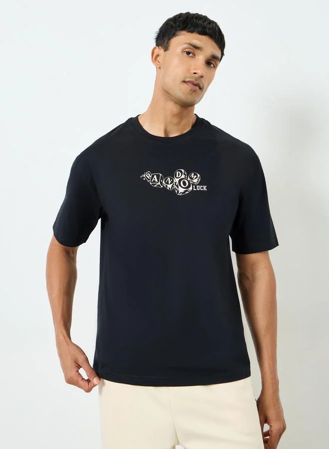 Styli Men Black Graphic Print Oversized T-Shirt