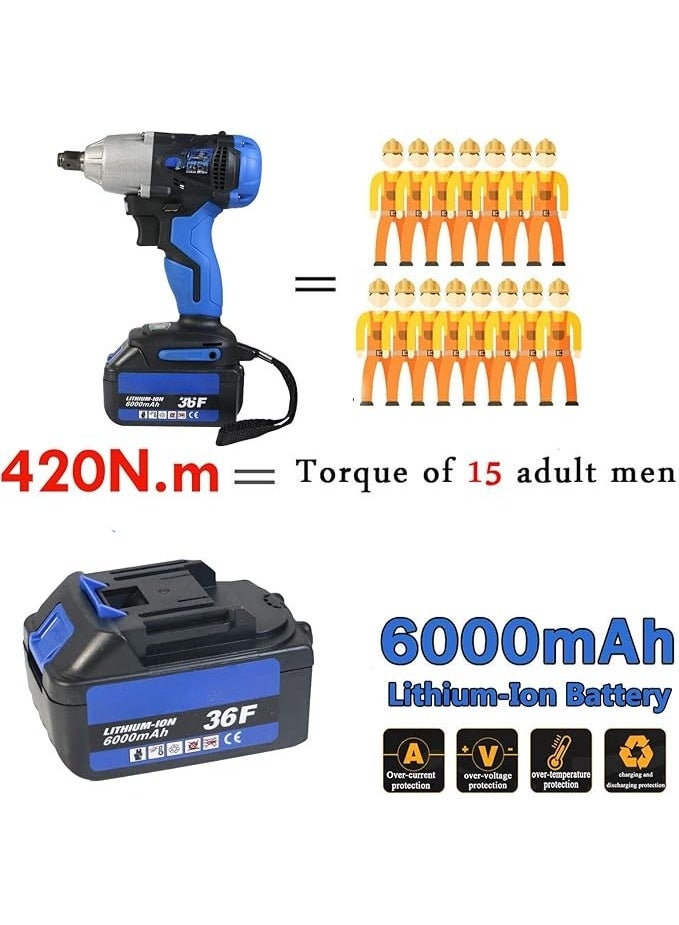 Cordless Impact Wrench 1/2 Inch Drive High Torque 420Nm with 6.0Ah Battery & Charger, Electric Power Tool for Tire & Bolt Removal - Image 1