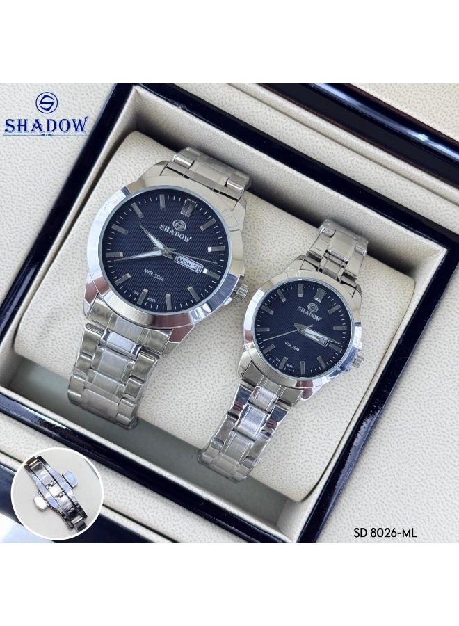 شادو طقم ساعات زوجية شادو فاخرة - وظيفة اليوم والتاريخ (عربي / إنجليزي) - تصميم كلاسيكي متناسق - Image 2