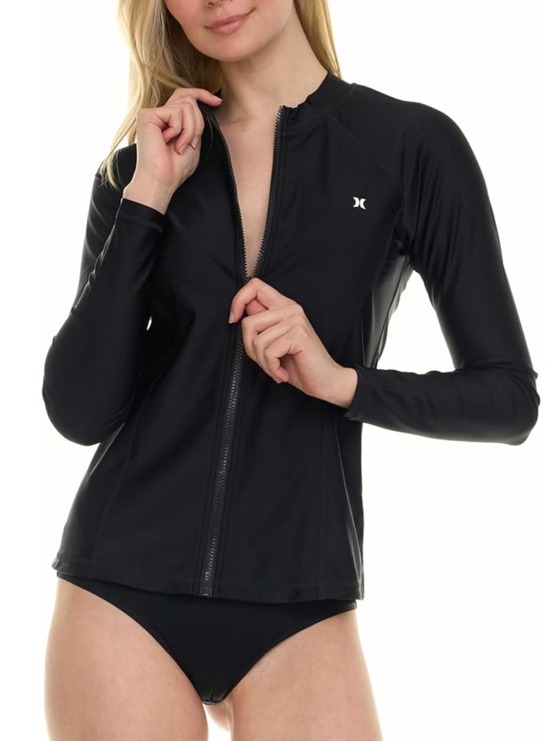 Hurley Rash Guard for Women Full Zip Zip Up Long Sleeve Swim Shirts for Women Surfing Top UPF 50 SPF Sun UV Protection Black - Image 2