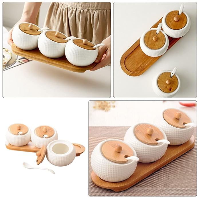 Kolorful Ceramic spices 3pcs of jar Serving Spoon Wooden Tray Porcelain Condiment Jar Spice Container with Lids Bamboo Cap Holder Spot Best Pottery Cruet Pot Jar HomeHotelRestuarantsCoffee Bar - Image 5