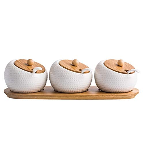 Kolorful Ceramic spices 3pcs of jar Serving Spoon Wooden Tray Porcelain Condiment Jar Spice Container with Lids Bamboo Cap Holder Spot Best Pottery Cruet Pot Jar HomeHotelRestuarantsCoffee Bar - Image 1