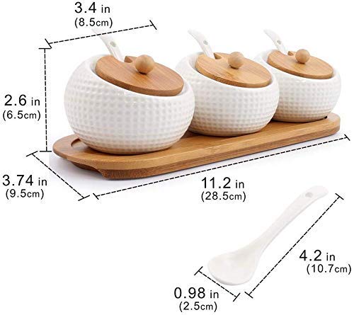 Kolorful Ceramic spices 3pcs of jar Serving Spoon Wooden Tray Porcelain Condiment Jar Spice Container with Lids Bamboo Cap Holder Spot Best Pottery Cruet Pot Jar HomeHotelRestuarantsCoffee Bar - Image 2