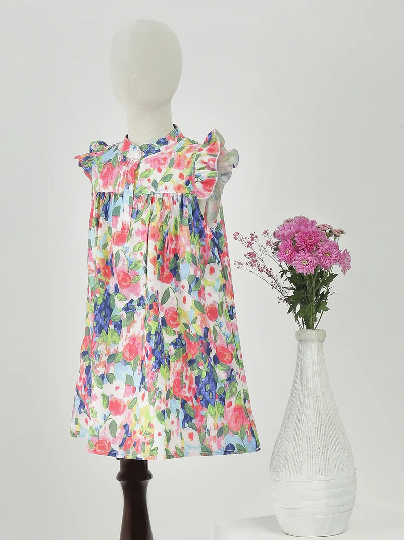 globus Globus Girls Multi Color Boat Neck Flutter Sleeves Floral Print Fit & Flare Mini Dress