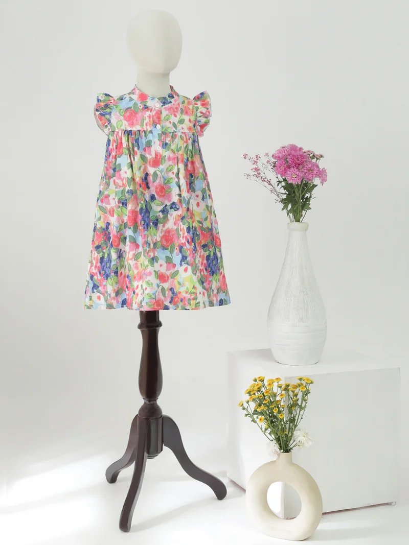 globus Globus Girls Multi Color Boat Neck Flutter Sleeves Floral Print Fit & Flare Mini Dress