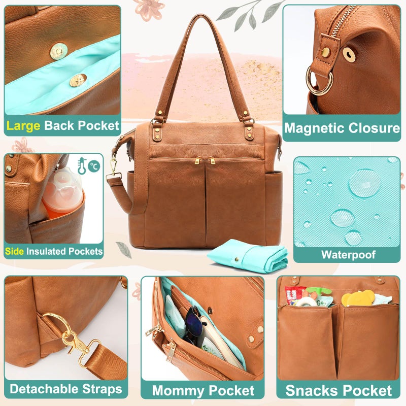 MOMINSIDE Diaper Bag Tote, 4 in 1 Leather Diaper Bag Backpack with 13 Pockets, Convertible Baby Bag for Boys Girls,Diaper Bags Baby Registry, Changing Pad, 4 Large Insulated Pockets(Brown) - Image 4