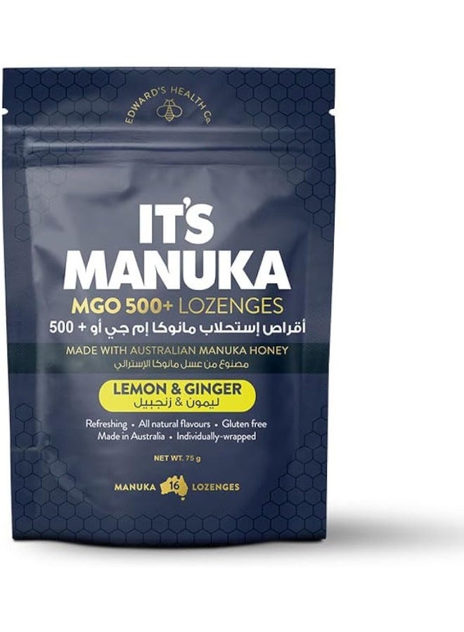 MGO 500+ Lemon & Ginger Lozenges | Refreshing For Throat | Gluten Free, All-Natural Made With Australian Manuka Honey, 16pcs