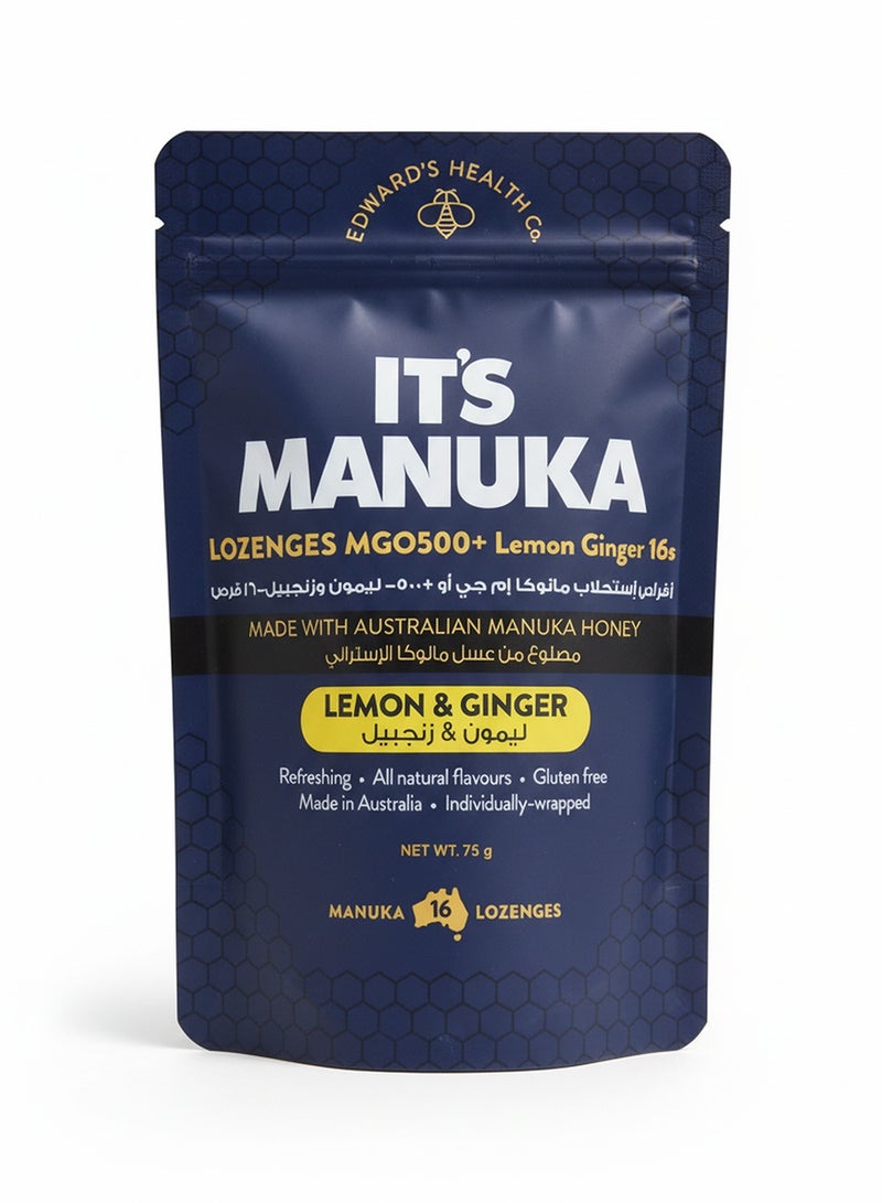 its manuka MGO 500+ Lemon & Ginger Lozenges | Refreshing For Throat | Gluten Free, All-Natural Made With Australian Manuka Honey, 16pcs - Image 1