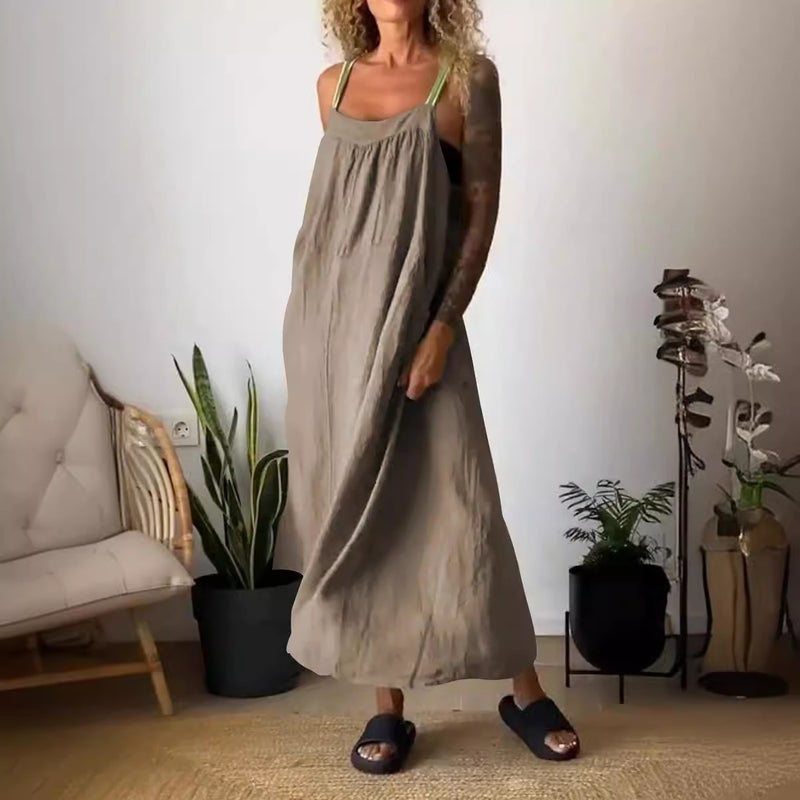 Independent Website -Selling 2024 Casual Cotton And Linen Suspender Dress Solid Color - Image 4