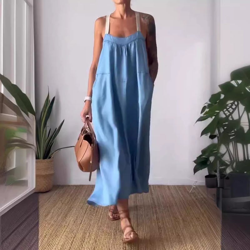 Independent Website -Selling 2024 Casual Cotton And Linen Suspender Dress Solid Color - Image 2