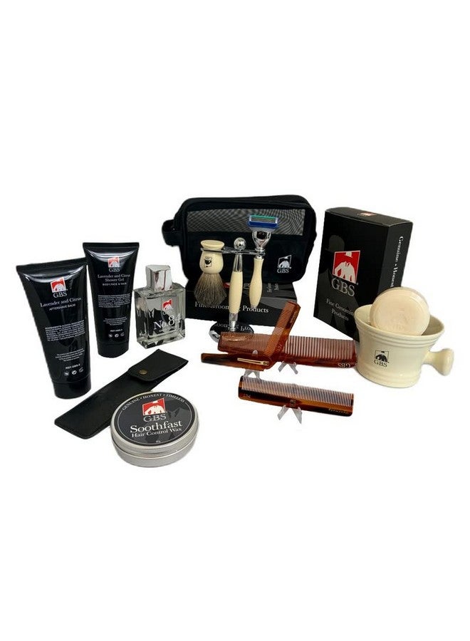 G.B.S .B.S Grooming Set For Men Ivory Shave Brush Razor Stand Mesh Toiletry Bag Light Fresh Crisp Lavender And Citrus Aftershave Shower Gel - Image 2