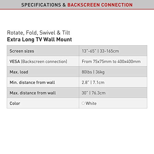 Barkan Long White TV Wall Mount, 13-65 inch Full Motion Articulating - 4 Movement Flat/Curved Screen Bracket, Holds up to 79lbs, Extremely Extendable, Fits LED OLED LCD (BM343XLW) - Image 5
