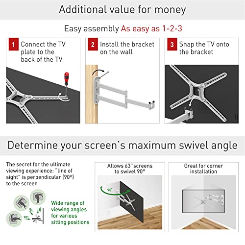 Barkan Long White TV Wall Mount, 13-65 inch Full Motion Articulating - 4 Movement Flat/Curved Screen Bracket, Holds up to 79lbs, Extremely Extendable, Fits LED OLED LCD (BM343XLW) - Image 4