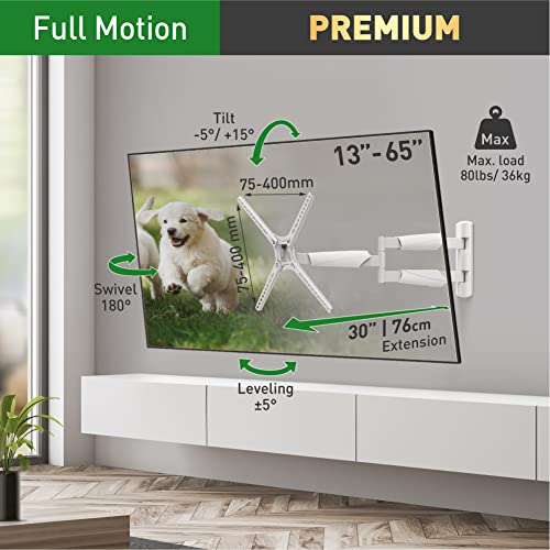 Barkan Long White TV Wall Mount, 13-65 inch Full Motion Articulating - 4 Movement Flat/Curved Screen Bracket, Holds up to 79lbs, Extremely Extendable, Fits LED OLED LCD (BM343XLW) - Image 2