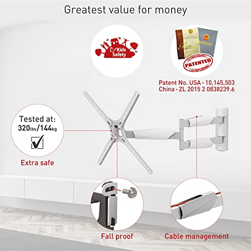 Barkan Long White TV Wall Mount, 13-65 inch Full Motion Articulating - 4 Movement Flat/Curved Screen Bracket, Holds up to 79lbs, Extremely Extendable, Fits LED OLED LCD (BM343XLW) - Image 3