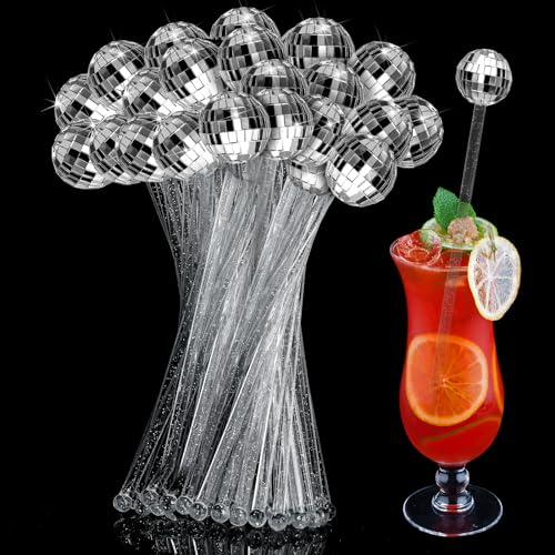 Sawysine Sawysine 48 Pcs Disco Balls Cocktail Stirrers Plastic Round Top Swizzle Sticks Mirror Disco Ball Stir Sticks Decorative Straws Drink Stirrers for 1970s Party Home Bar Coffee Shop UseSilver