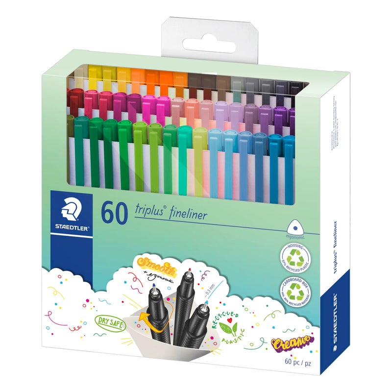 STAEDTLER 334 C60 Triplus Fineliner Superfine Pen, 0.3mm Line Width - Assorted Colours (Pack of 60) - Image 1