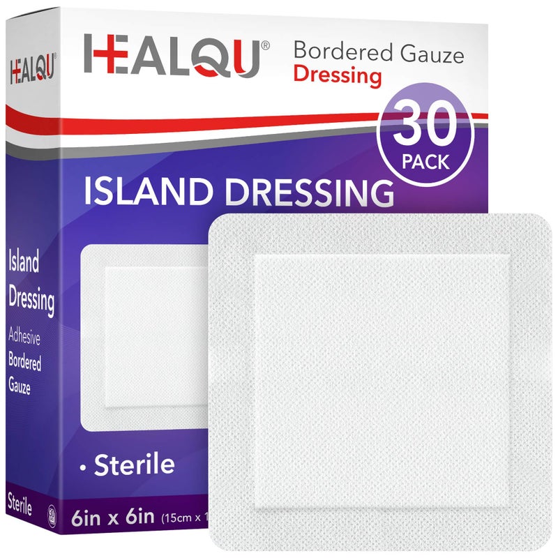 HEALQU Island Dressing - 6"x6", 30 Count - Bordered Gauze Sterile Individually Wrapped Gauze Pads, Water-Resistant, Non-Woven Backing - Soft and Breathable Wound Dressing for First Aid and Medical - Image 1