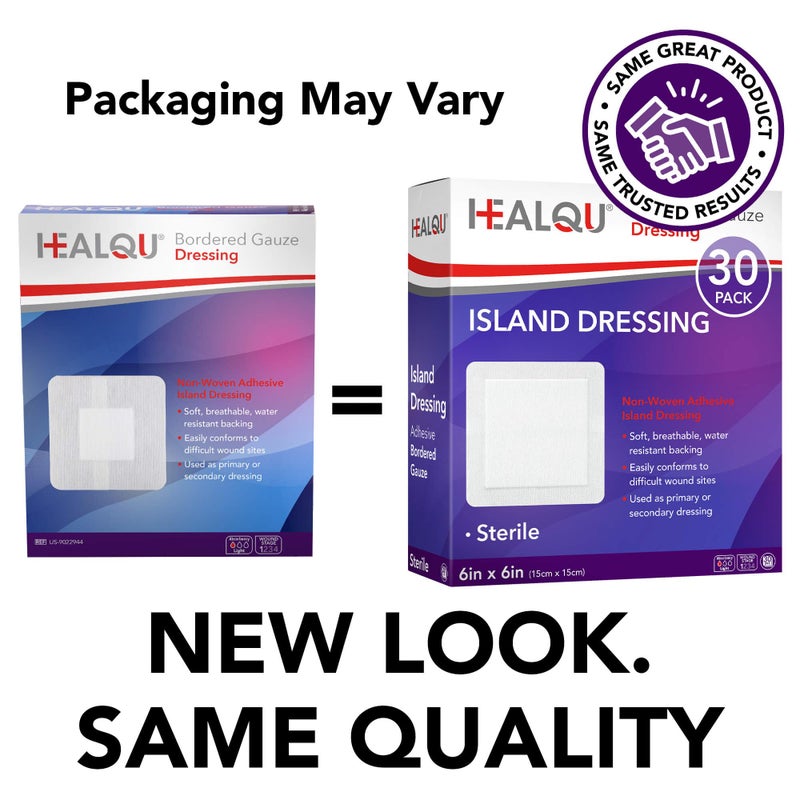 HEALQU Island Dressing - 6"x6", 30 Count - Bordered Gauze Sterile Individually Wrapped Gauze Pads, Water-Resistant, Non-Woven Backing - Soft and Breathable Wound Dressing for First Aid and Medical - Image 2