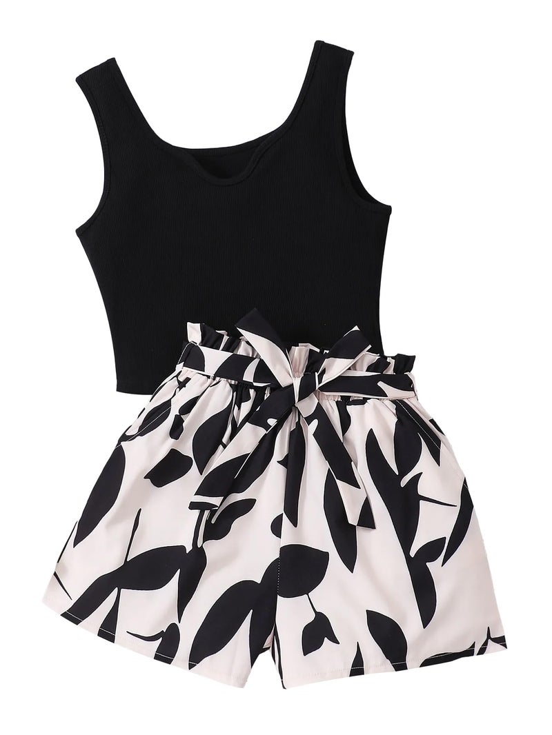 Seechoslo NEW 6-14 Years Seechosle Girls 2 Piece Outfits Ribbed Tank Top and Paperbag Shorts Set with Pockets (Black/Apricot, 11-12 Years) - Image 1