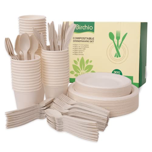 BIRCHIO 300 Piece 50 Sets Biodegradable Paper Plates Set EXTRA LONG UTENSILS Disposable Dinnerware Set Eco Friendly Compostable Plates  Utensil include Plates Cups Forks Knives and Spoons