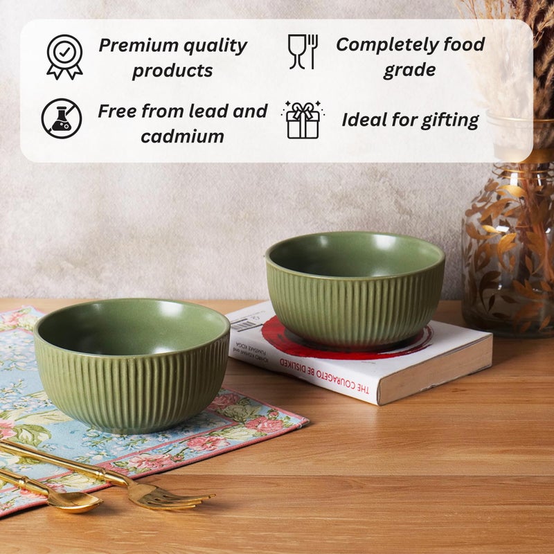 Niyara Handcrafted Ceramic Bowls for Snacks, Curries, Desserts, and Dips - Elegant Multipurpose Serving Bowls for Kitchen, Dining, and Gifting (Set of 2, 500ML/Each) (Green line) - Image 4