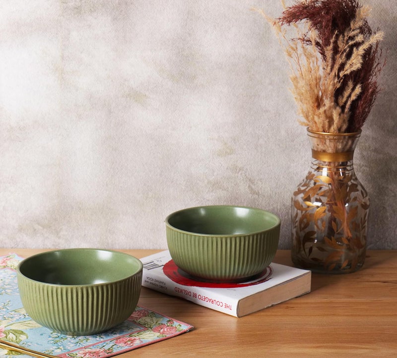 Niyara Handcrafted Ceramic Bowls for Snacks, Curries, Desserts, and Dips - Elegant Multipurpose Serving Bowls for Kitchen, Dining, and Gifting (Set of 2, 500ML/Each) (Green line) - Image 1