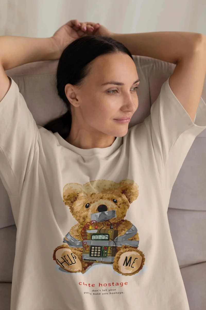 دوغ فش Women Camel Milk Coffee Basic Plain Printed Oversize Salas Boyfriend T-Shirt