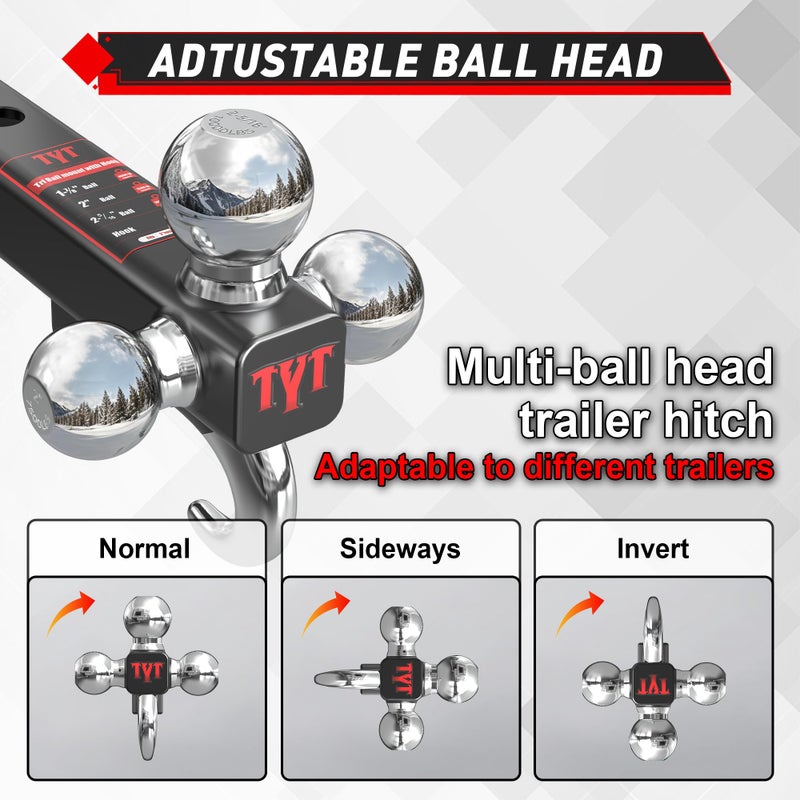 TYT Trailer Hitch Tri Ball Mount with Tow Hook,Fits 2 inch Receiver,Triple Balls (1-7/8", 2", 2-5/16"),10,000 lbs GTW,1,000 lbs TW,with Hitch pin - Image 5