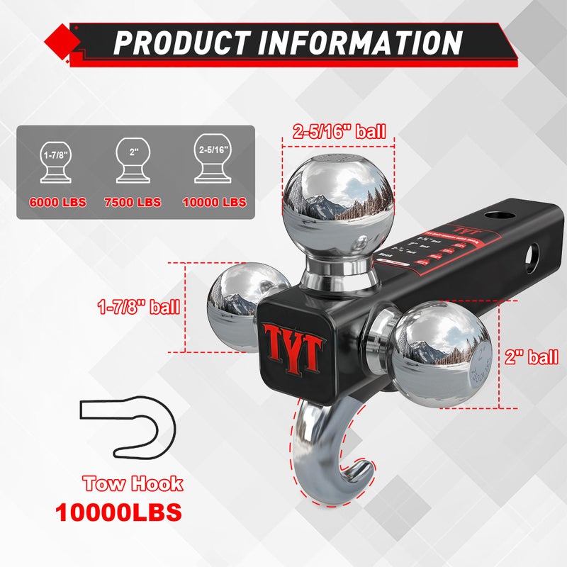 TYT Trailer Hitch Tri Ball Mount with Tow Hook,Fits 2 inch Receiver,Triple Balls (1-7/8", 2", 2-5/16"),10,000 lbs GTW,1,000 lbs TW,with Hitch pin - Image 3