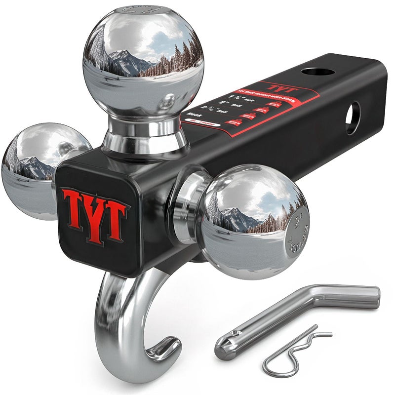 TYT Trailer Hitch Tri Ball Mount with Tow Hook,Fits 2 inch Receiver,Triple Balls (1-7/8", 2", 2-5/16"),10,000 lbs GTW,1,000 lbs TW,with Hitch pin - Image 1