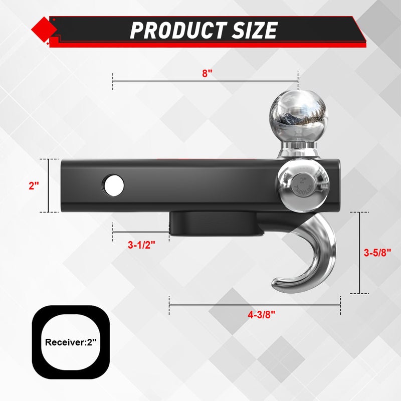 TYT Trailer Hitch Tri Ball Mount with Tow Hook,Fits 2 inch Receiver,Triple Balls (1-7/8", 2", 2-5/16"),10,000 lbs GTW,1,000 lbs TW,with Hitch pin - Image 2