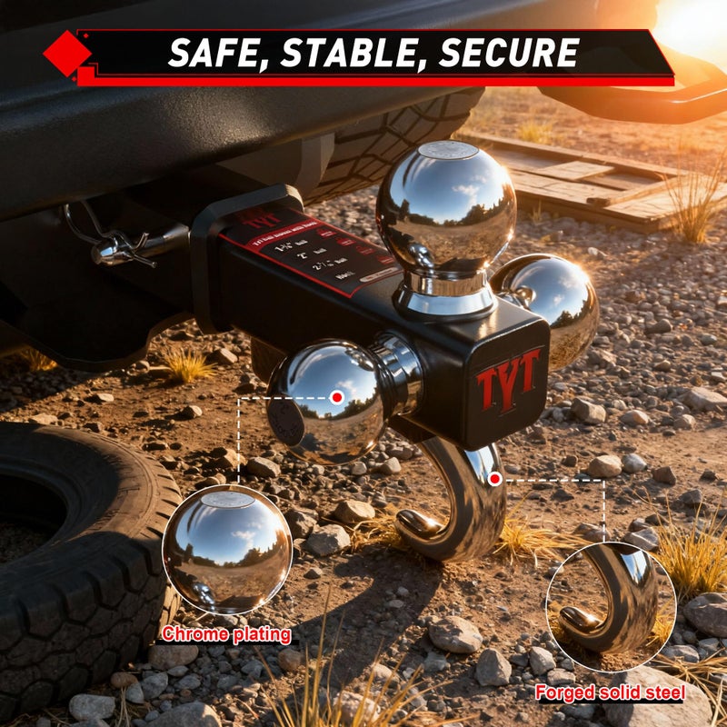 TYT Trailer Hitch Tri Ball Mount with Tow Hook,Fits 2 inch Receiver,Triple Balls (1-7/8", 2", 2-5/16"),10,000 lbs GTW,1,000 lbs TW,with Hitch pin - Image 4