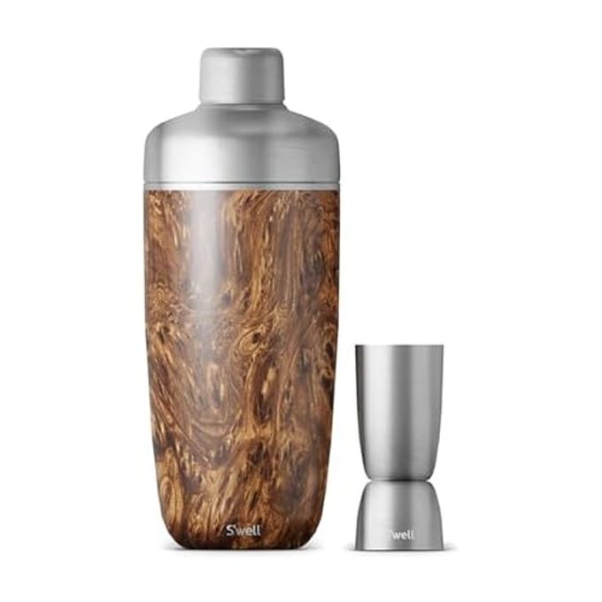 S'well Stainless Steel Shaker Set with Jigger, 18oz, Teakwood, Triple Layered Vacuum Insulated Container Keeps Cocktails Colder for Longer, BPA Free Barware