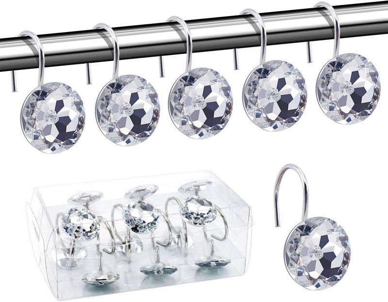 BEAVO Acrylic Fashion Decorative Home Rolling Transparent Shower Curtain Hooks Rhinestones Bathroom Bath Baby Room Bedroom Living Room Decor Set of 12 Rings (Transparent) - Image 1