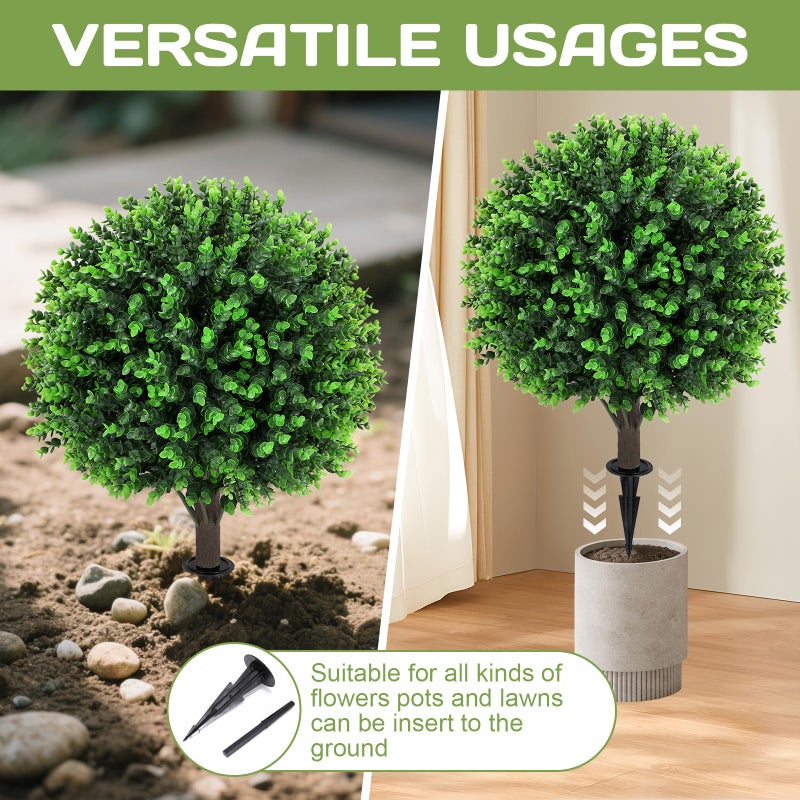 Jasmpig Artificial Green Eucalyptus Topiary Ball Tree 24" with Ground Spike, Set of 2 Artificial Boxwood Bushes for Faux Shrubs, Fake Evergreen Faux Plant for Indoor Outdoor Garden -UV Resistantâ€“Fade-Proof - Image 4