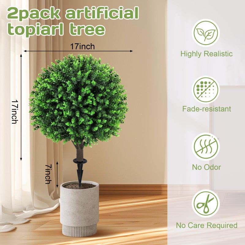 Jasmpig Artificial Green Eucalyptus Topiary Ball Tree 24" with Ground Spike, Set of 2 Artificial Boxwood Bushes for Faux Shrubs, Fake Evergreen Faux Plant for Indoor Outdoor Garden -UV Resistantâ€“Fade-Proof - Image 2