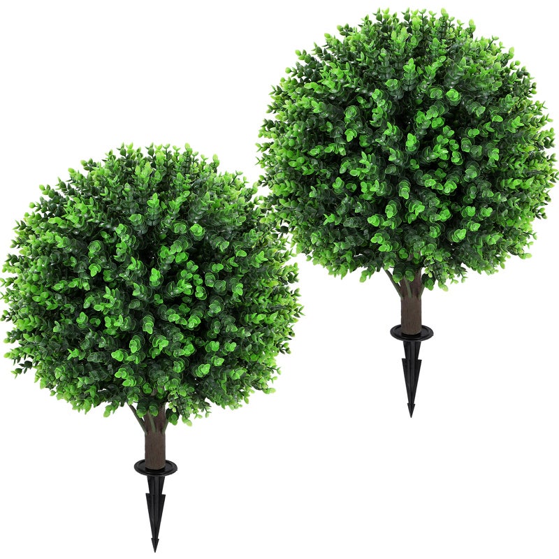 Jasmpig Artificial Green Eucalyptus Topiary Ball Tree 24" with Ground Spike, Set of 2 Artificial Boxwood Bushes for Faux Shrubs, Fake Evergreen Faux Plant for Indoor Outdoor Garden -UV Resistantâ€“Fade-Proof - Image 1