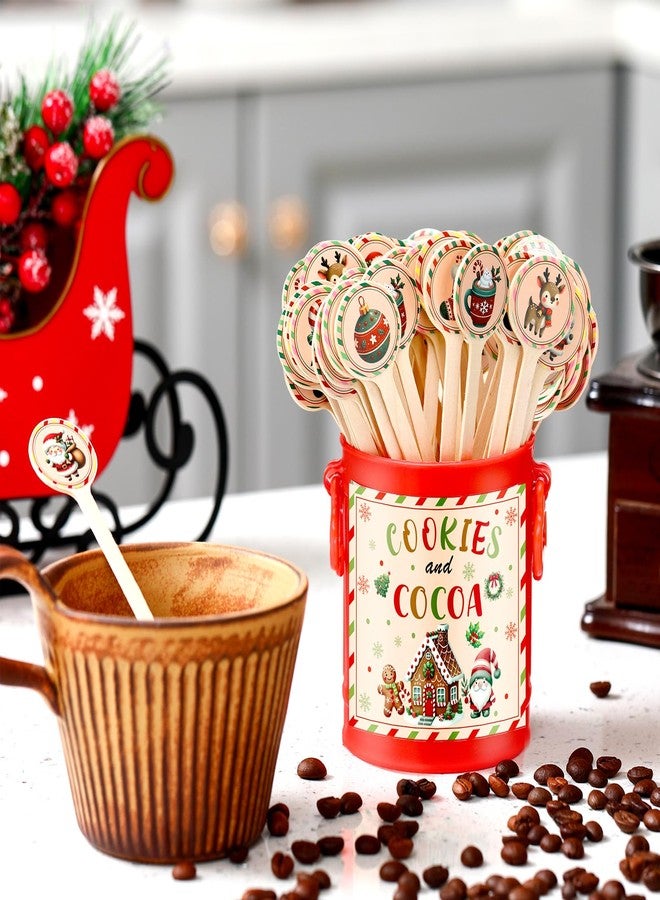 Teenyyou 121 Pcs Christmas Wooden Coffee Stirrers with Holder and Wood Cocktail Coffee Stir Sticks Cookies and Cocoa Disposable Drink Stirrers for Stirring Hot Restaurant Home Office(Brown) - Image 3